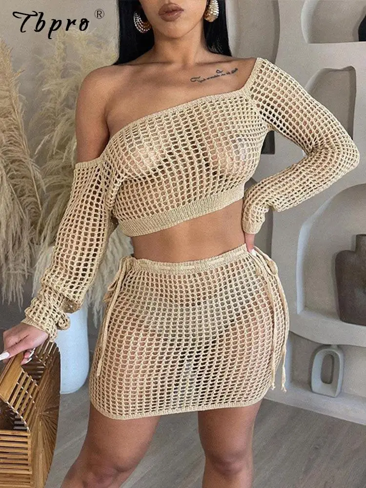 

Сексуальный вязаный сетчатый комплект из юбки с вырезами, комплект из 2 предметов, женская модная короткая блузка с длинным рукавом и мини-юбка, костюмы, летняя пляжная одежда