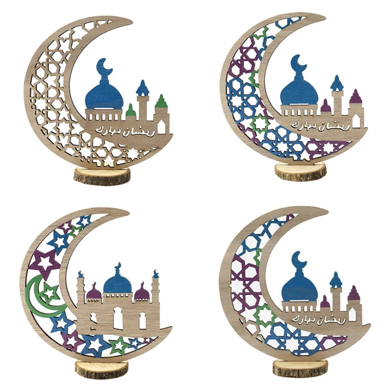 

4 шт. деревянные украшения ручной работы Eid Al-Fitr праздничные настольные украшения в виде Луны