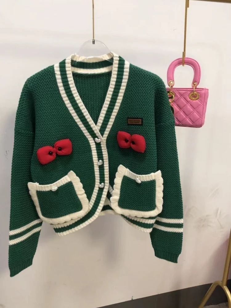 

Hsa 2022 New Arrivals Women Autumn Winter Sweater Cardigans V neck Kawaii Y2K Clothese Bow Tied Big Pockets Christmas Sweater