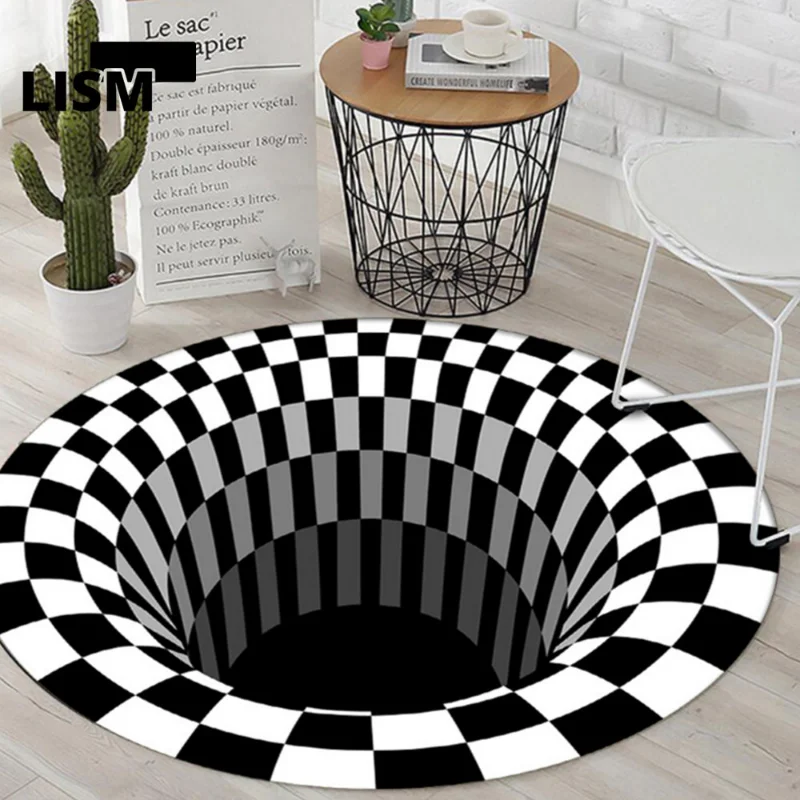 

3D Stereo Vision Carpet Living Room Round Black White Plaid Floor Mats Bedroom Decoration Hallway Bath Kitchen Entrance Rugs