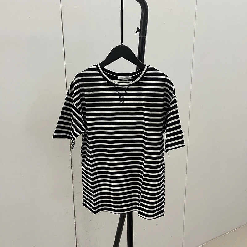 2022 Summer Short Sleeve Striped T-Shirts Women Knitted Basic Casual Tops Female Cozy Loose Cotton Tees Shirt