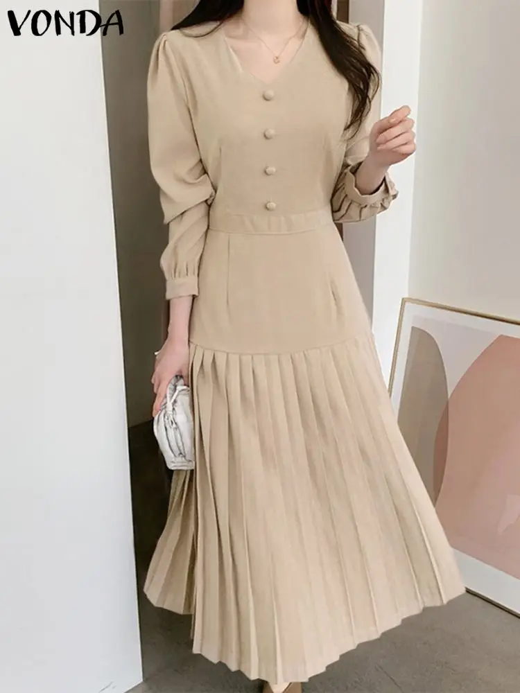 

VONDA Women Plain Dress Casual Long Sleeve V Neck Sundress Fashion Holiday Party Pleated Long Dresses Vestidos Oversized 4#