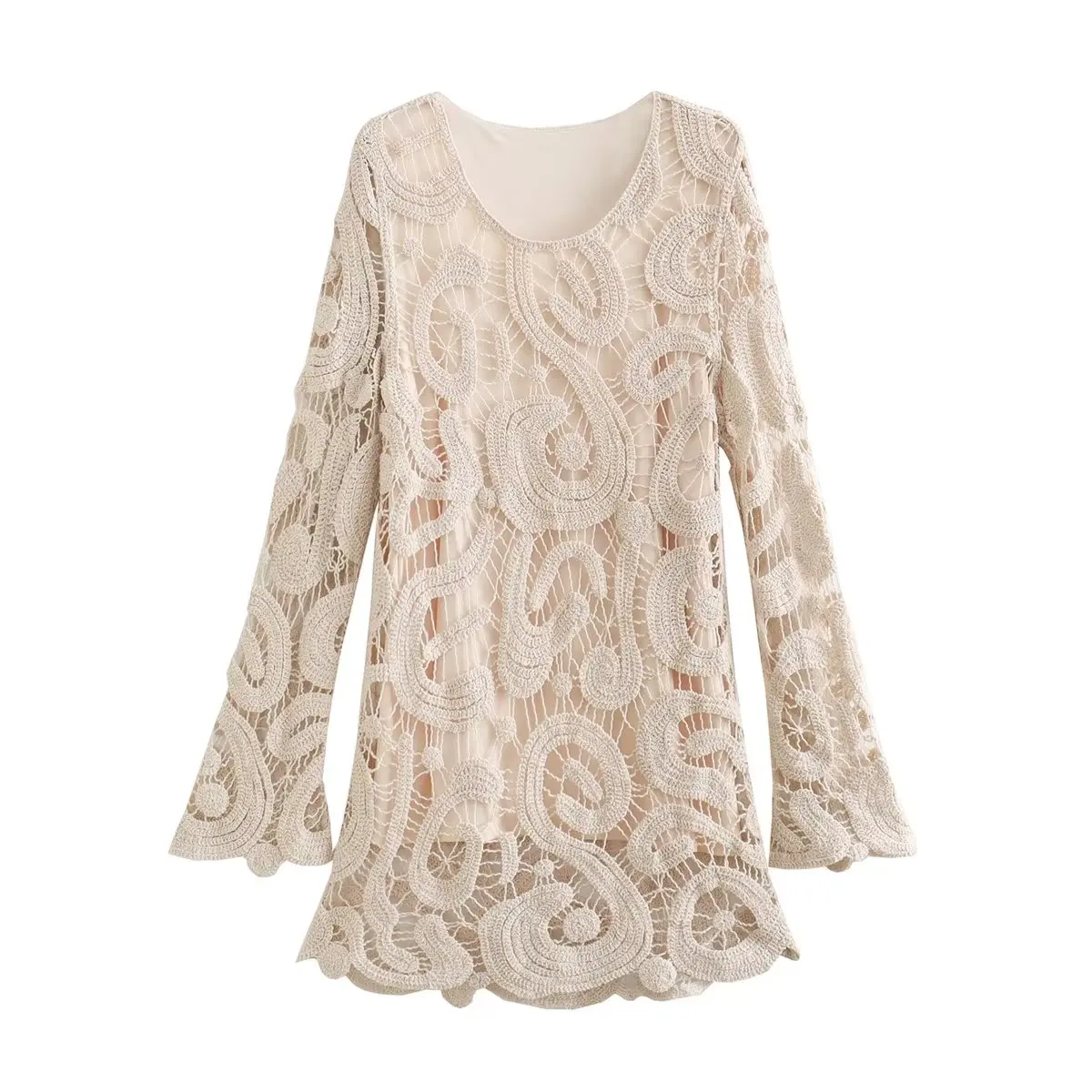 

Autumn Lace Knee Dress for Women Beige Hook Hollow Two Layered Midi Dresses Long Flared Sleeve Ruched Knitted Floral Traf New In