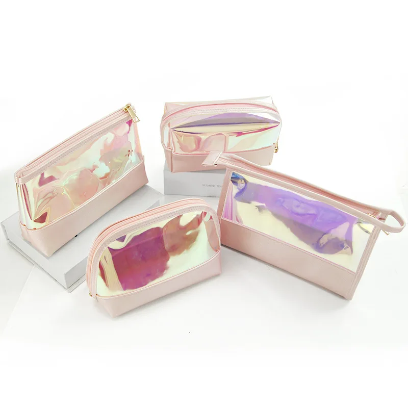 

New Trendy Summer Holographic Makeup Organizer Bag Women Travel Clear Toiletry Wash Bag Small Cute Rainbow Pvc Cosmetic Pouch