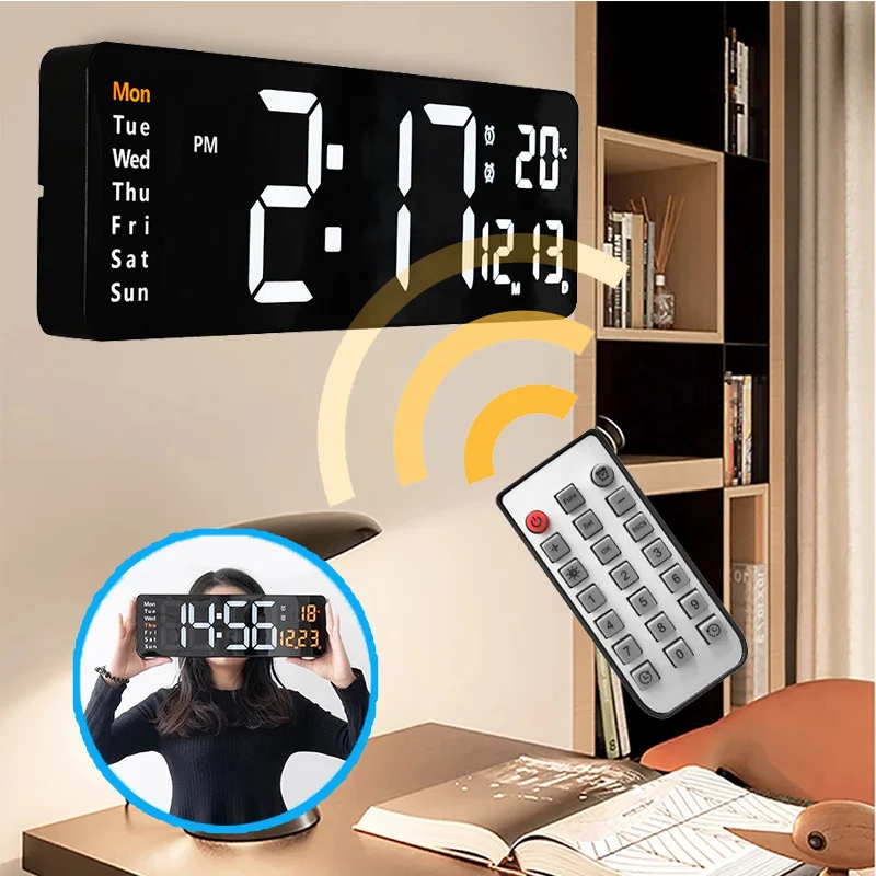 

LED Digital Wall Clock Wall-mounted Clock Remote Control Display Temperature Date Adjustable Brightness Clocks Walls Home Decor