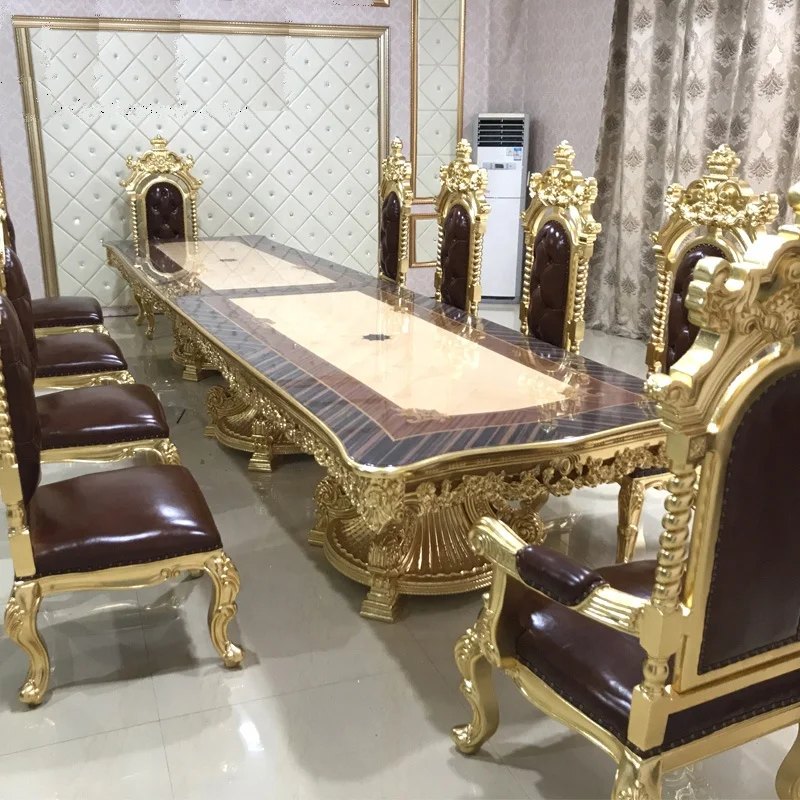 

European-Style Solid Wood Carving Dining Table and Chairs Oversized Classic Dining Table Hotel Banquet 1 Table And 16 Chairs