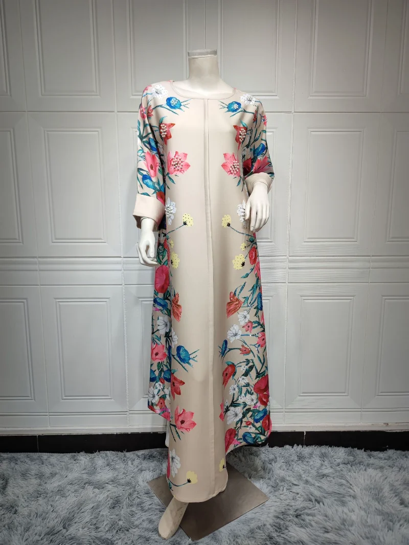 2023 Summer Elegant Muslim Women Long Sleeve O-neck Polyester Printing Long Abaya Muslim Fashion Dress Muslim Dress Women