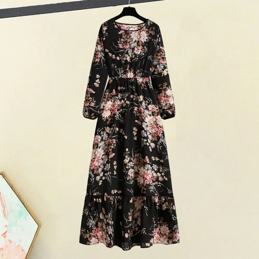 

Women O-neck Long Sleeve Maxi Dress Elastic High Waist Loose Hem Floral Print A-Line Dress Streetwear