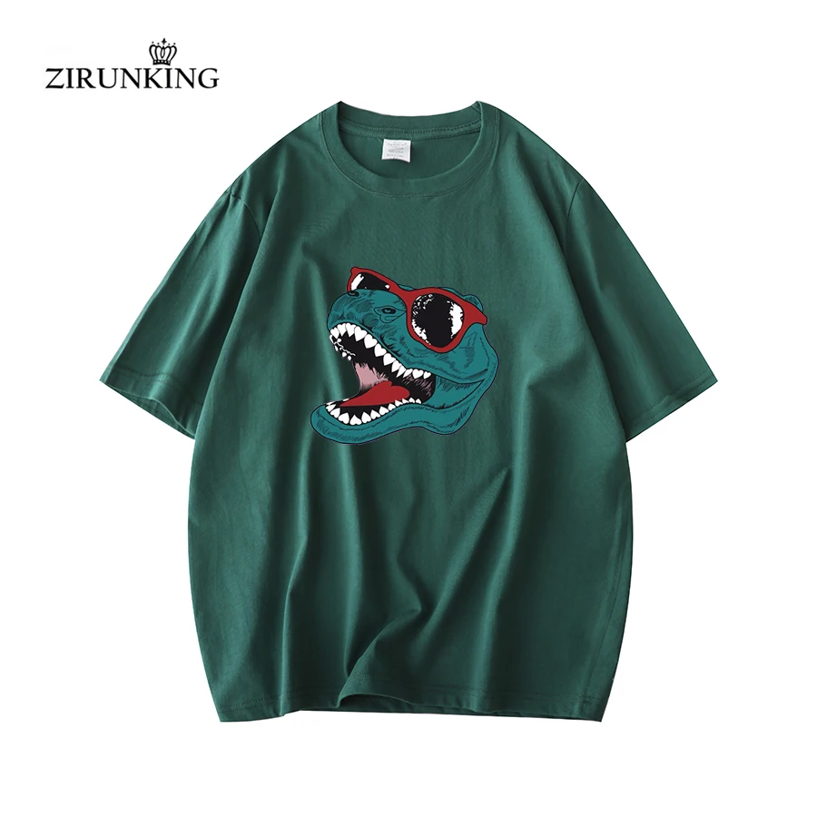 

ZIRUNKING-парные футболки из чесаного хлопка с принтом тираннозавра, зеленые трендовые спортивные футболки унисекс для отдыха, новые модные базовые Топы