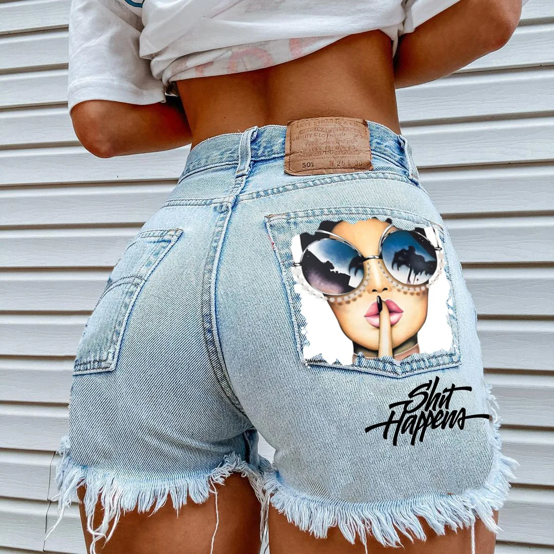 American Retro Ripped Jeans 2023 Summer Sexy High-waisted Hot Girl Women Denim Shorts Street Print Super Shorts Casual Vacation