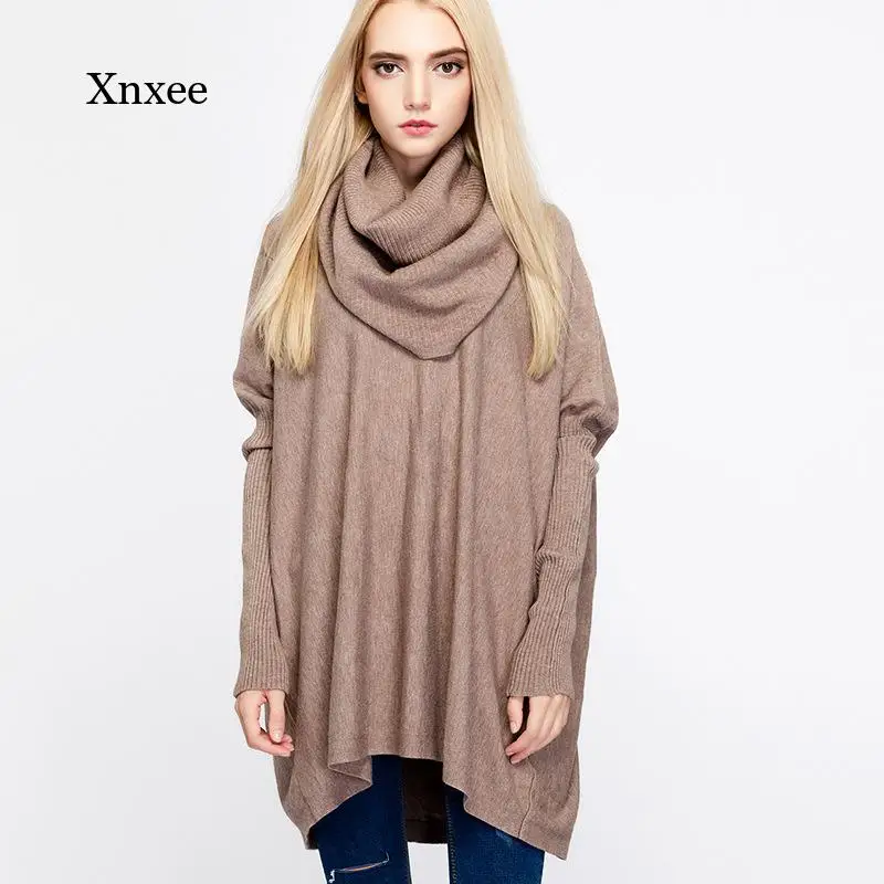 

Solid Color Bat Sleeve Sweater Women Turtleneck Knitted Autumn Winter Loose Pullover Sweater Female Side Slit Capes Cloak Tops
