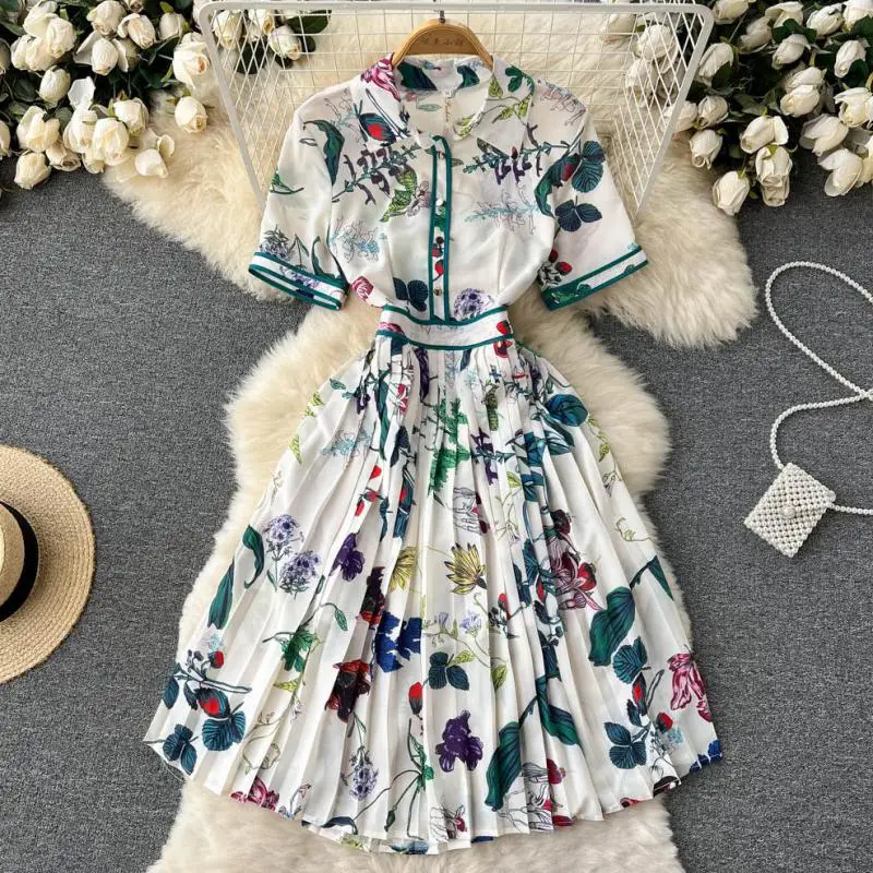 

WEIHAOBANG 2022 Summer Women's New Printed Lapel Short Sleeve Casual Dress Medium Long High Waist Slim A-line Dress