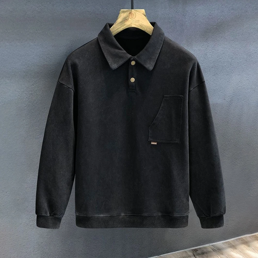 

2023 Super Texture Polo Collar Sweater For Men's Autumn New American Fashion Top Streetwear Vintage T Shirt Men Clothes Coffee