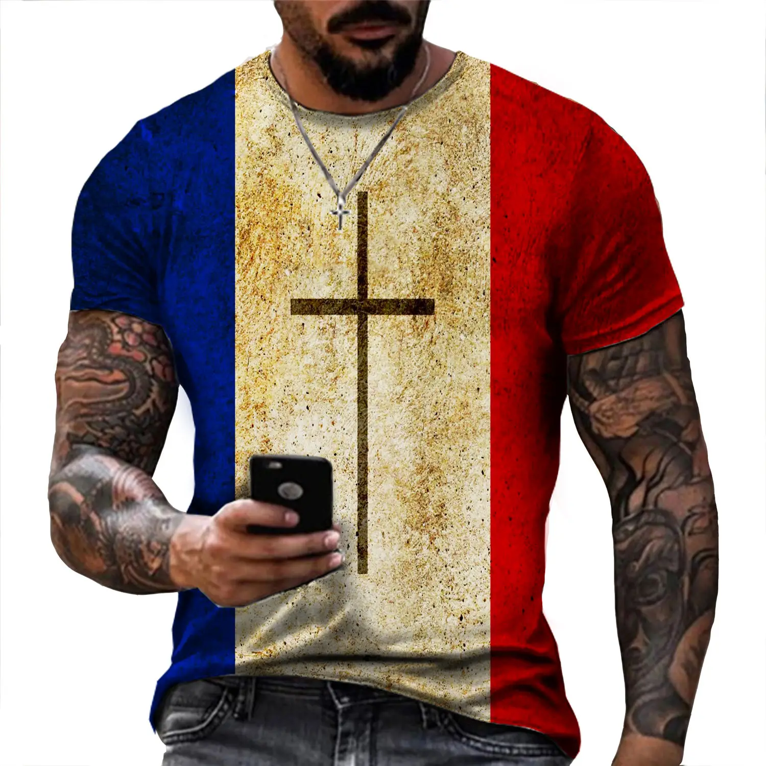 

Summer Fashion France Flag 3D Print Men's T-Shirt Jesus Cross Short Sleeve Casual Male T Shirt Top