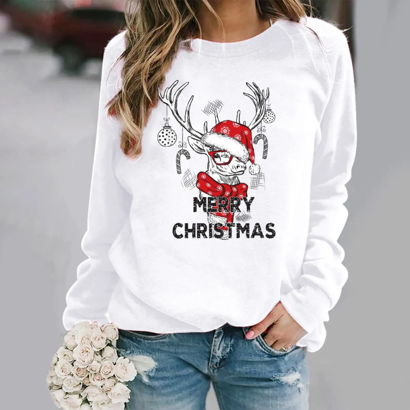 

Christmas Round Top Casual Pullover Blouse Sleeve Print Long Women's Shirt Neck Women's Blouse Long Sleeve