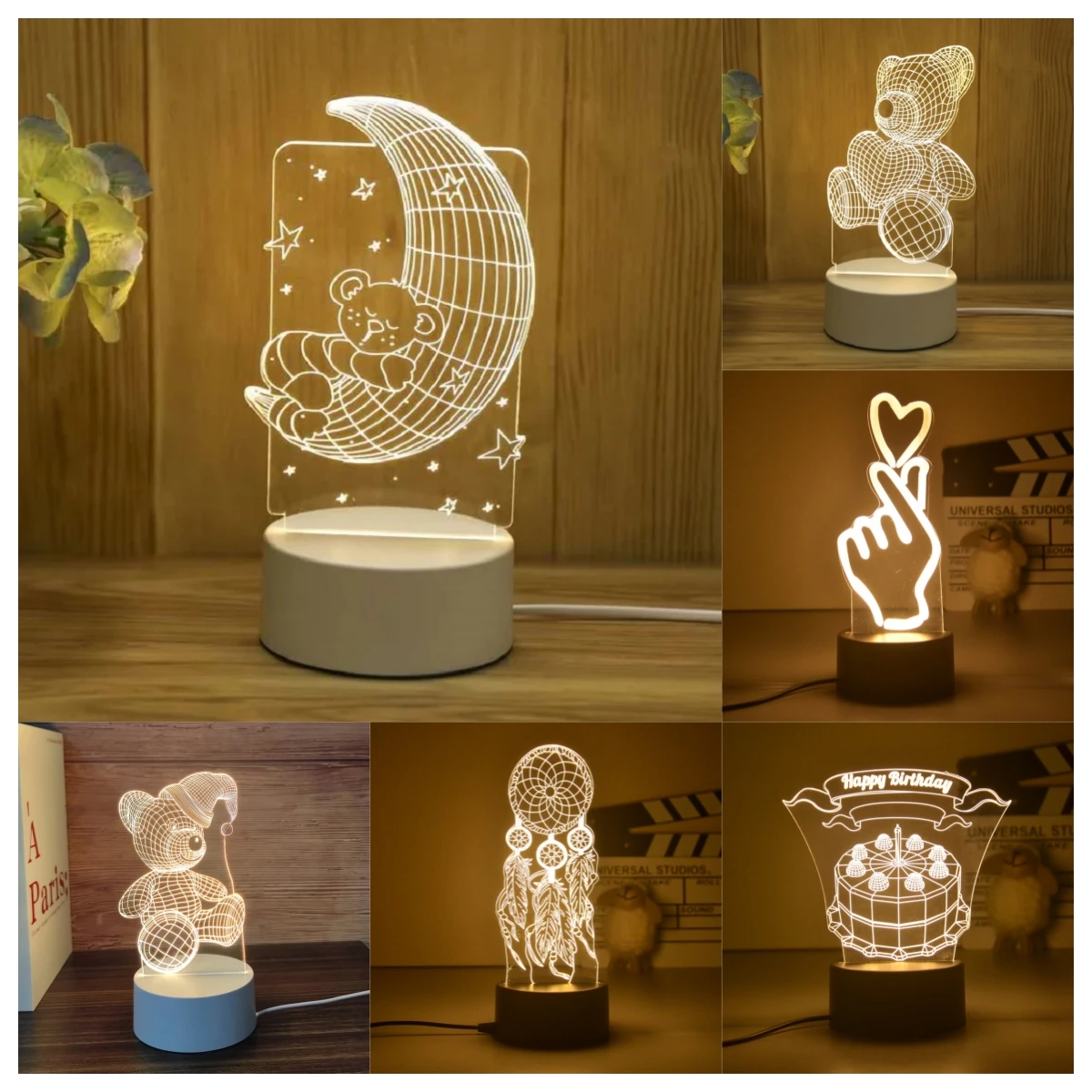 

3D Lamp Acrylic LED Warm white Night Lights Bear Deer Love USB Night Light For Wedding Christmas Birthday Party Decoration