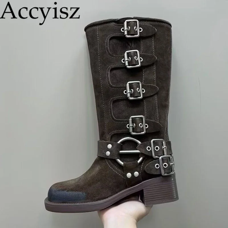 

Женские сапоги из натуральной кожи на толстой подошве в стиле ретро, сапоги В рыцарском стиле в западном стиле, красивые мотоциклетные сапоги на толстом каблуке с металлической пряжкой