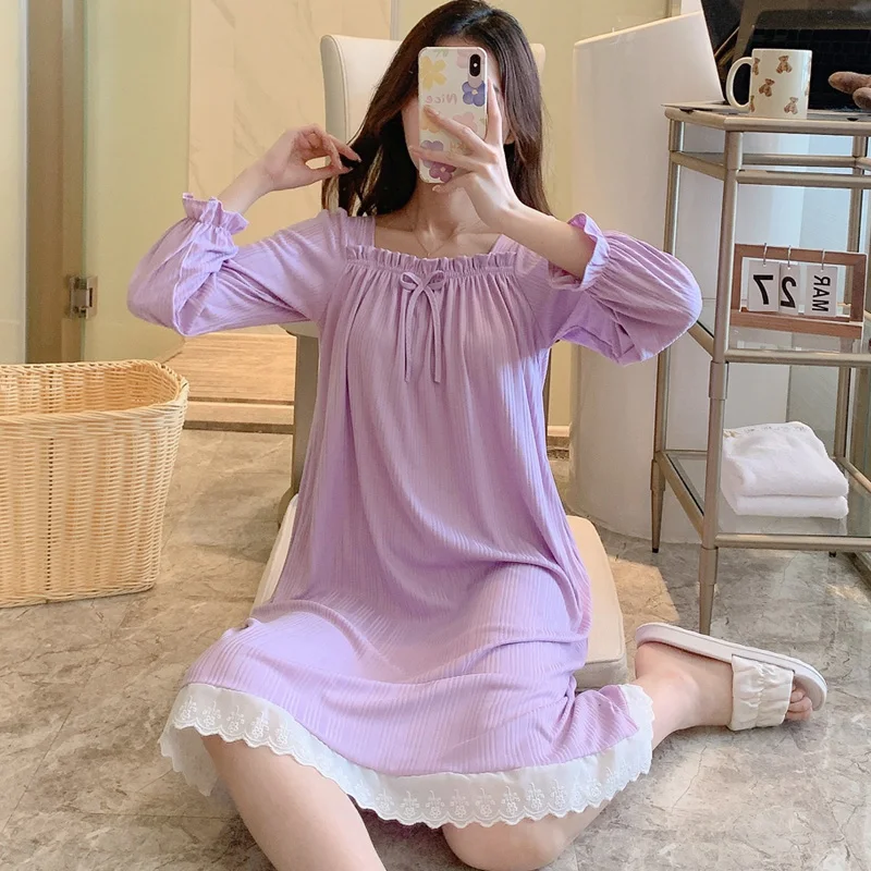 CDIAOBEAUTY autumn milk silk pit strip solid color square collar long-sleeved nightdress home service one-piece nightdress