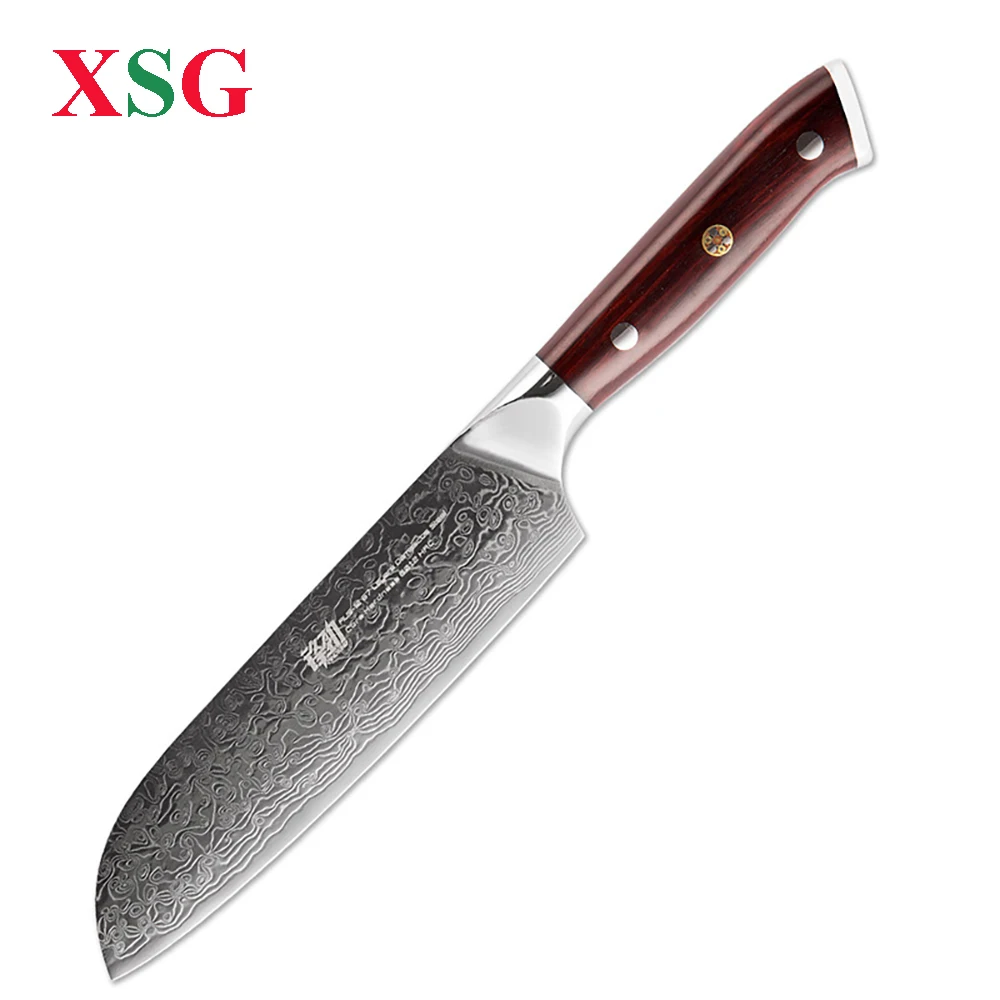 

XSG 7 Inches Santoku Knife Japanese 67 Layers AUS10 Damascus Steel High Quality Natural Rosewood Handle & Mosaic Brass Rivet