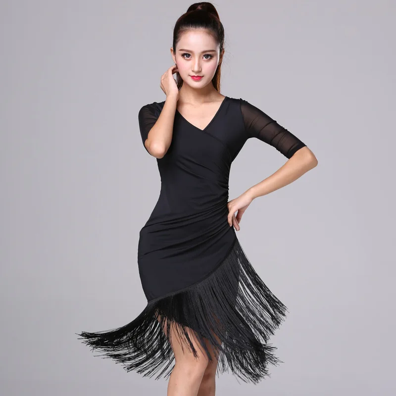 

1pcs/lot Black Latin Dance Dress lady tassel latin tango cha cha half sleeve long sleeve performance dress