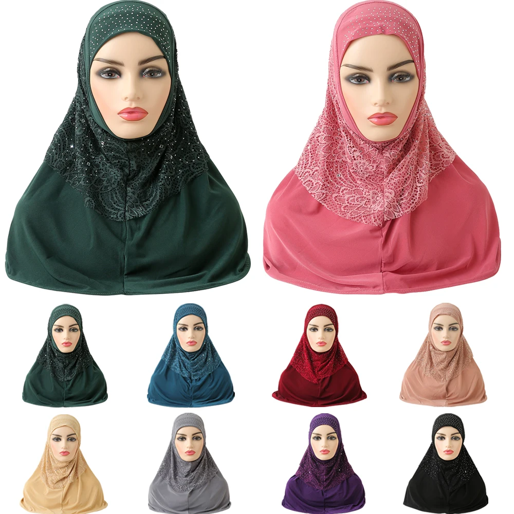 

Malaysia Muslim Women Lace Hijab Instant Head Scarf Shawl Bonnet One Piece Amira High Quality Medium Size 70*60Cm Pray Burqa Cap