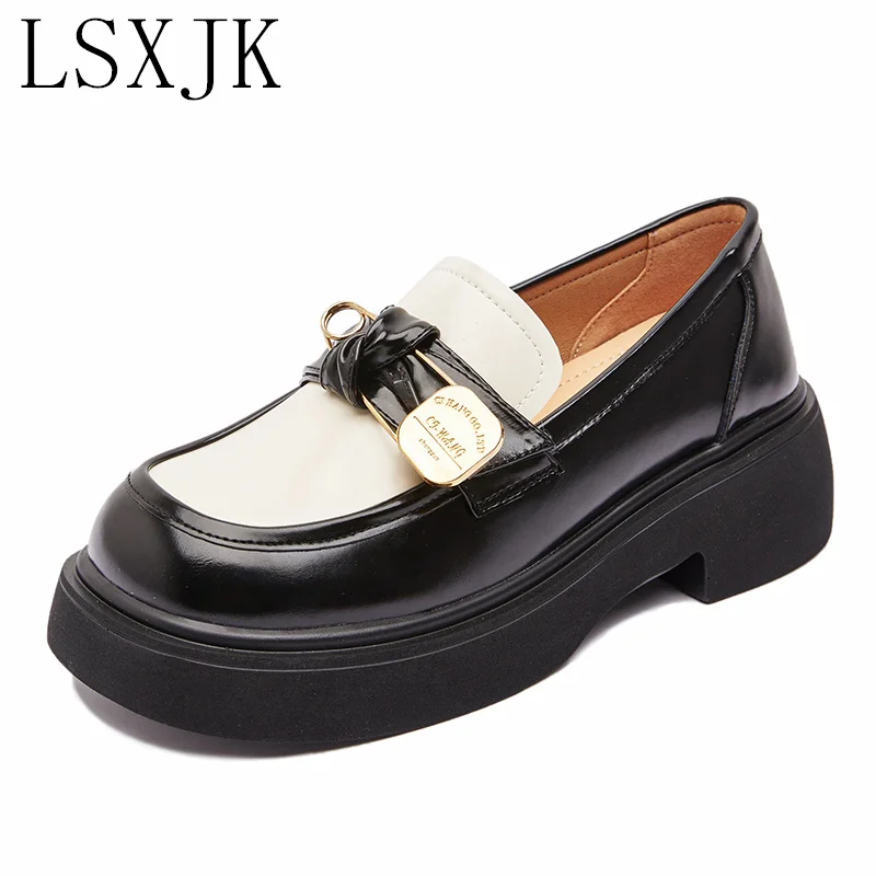 

LSXJK Penny Loafers Women Genuine Cow Leather Round Toe Thick Sole Slip-On JK Uniform Dress Shoes Handmade 27764