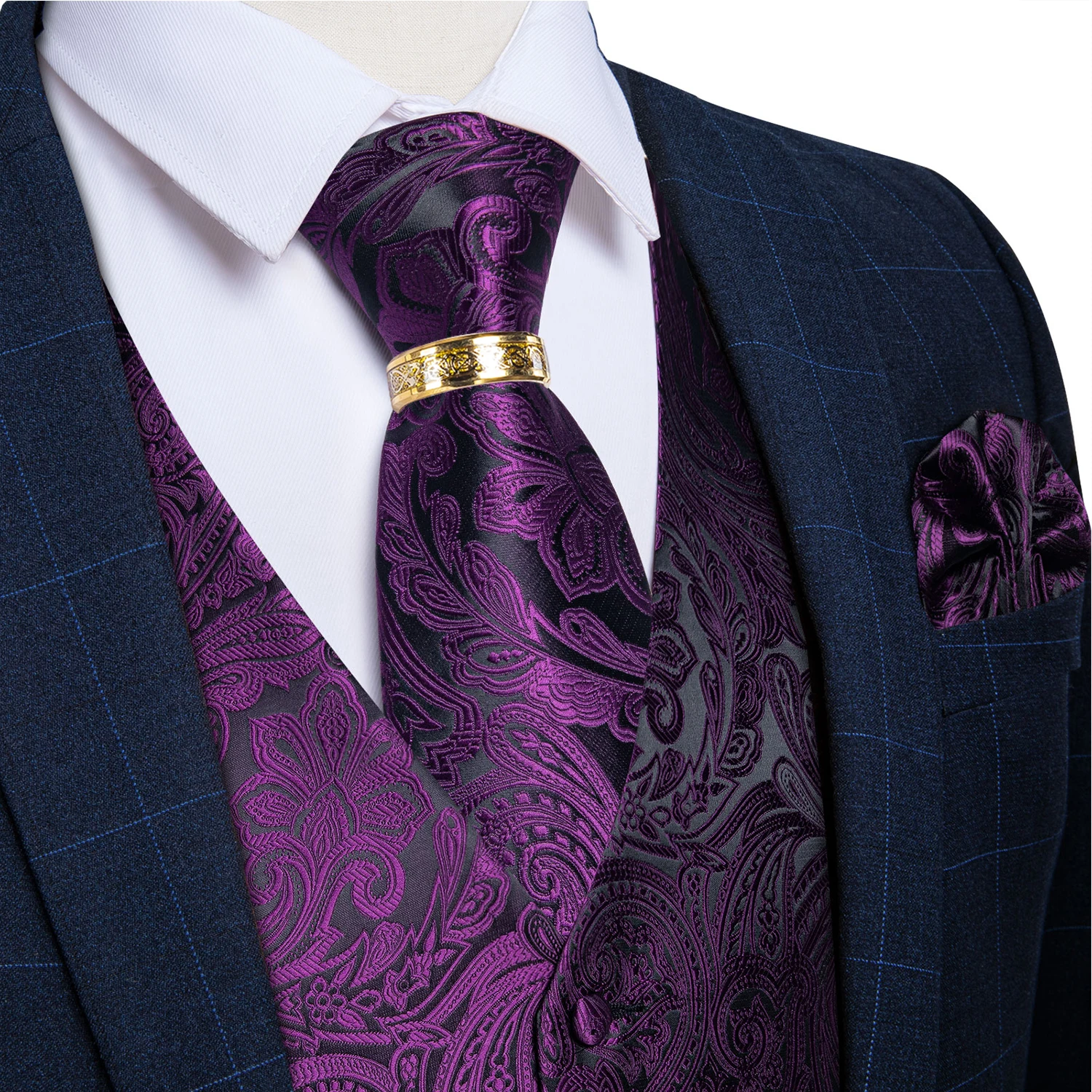 Фиолетовый костюм Пейсли жилет для мужчин свадебный смокинг Шелковый галстук на