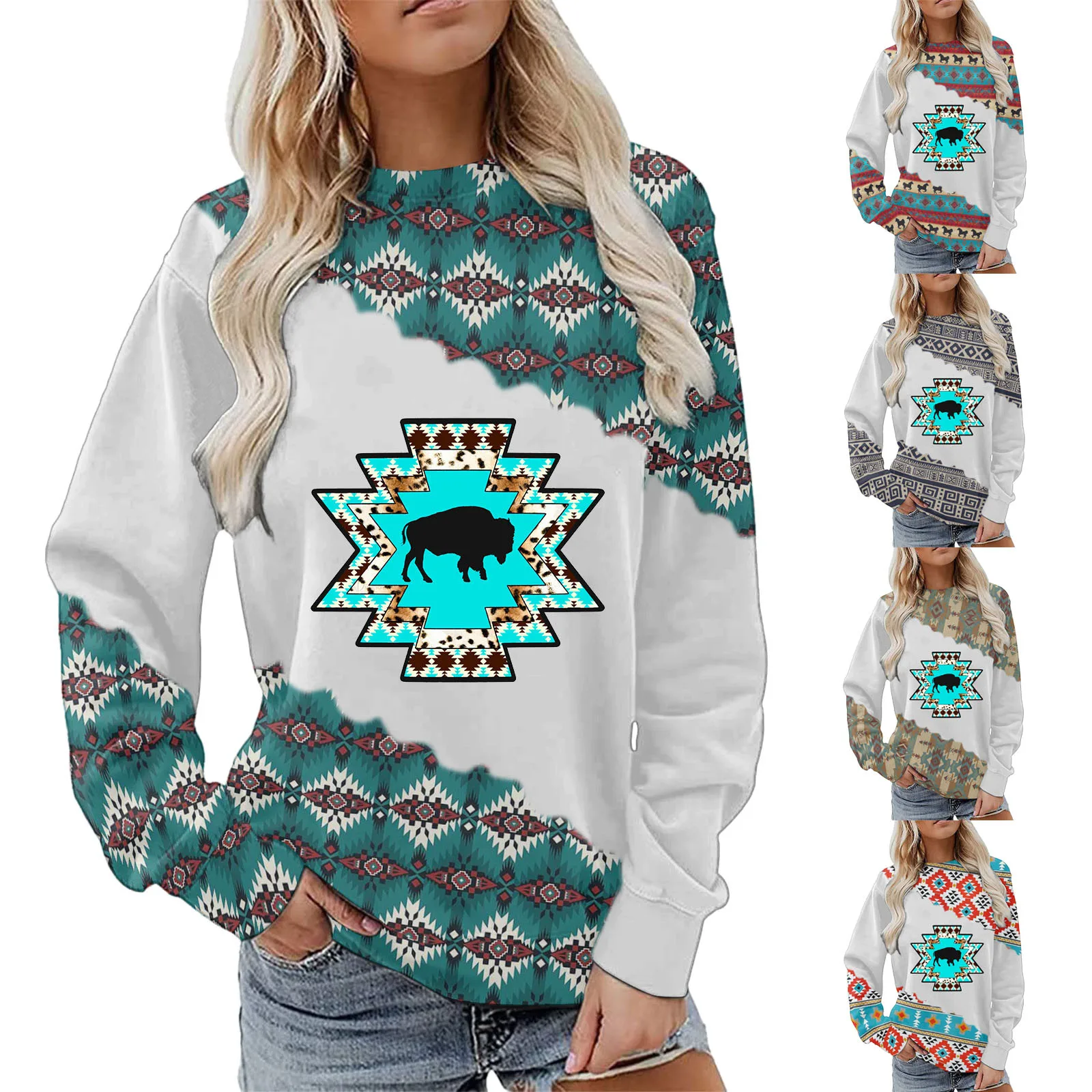 

2022 Womens Aztec Pullover Hoodie Vintage Western Hoodies Casual Long Sleeve Ethnic PatternTops Cropped Sweatshirt