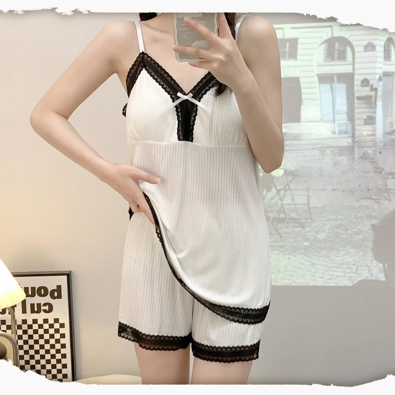 Women's Pajamas Pure Desire Style Summer Lace Decoration Sexy Home Service Suit Korean Version of  V-neck Sling Shorts Sleepwear