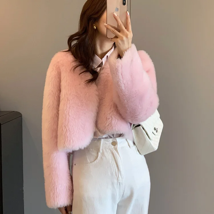 Short lambswool fur coat in winter