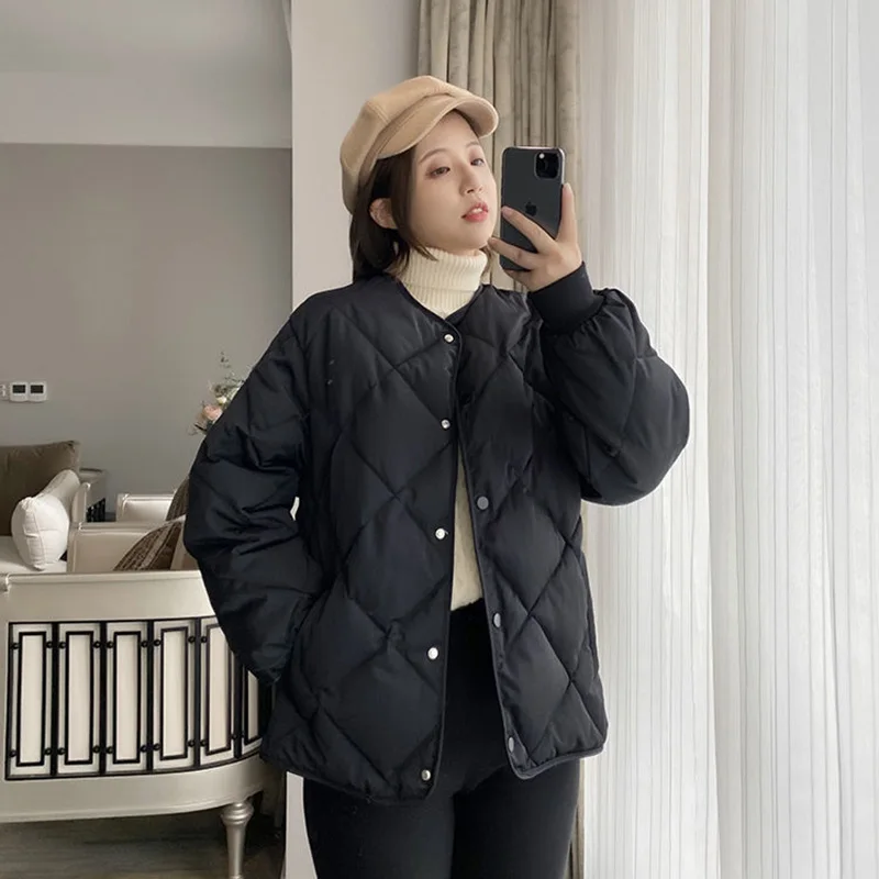2022 Spring Autumn New Cotton Jacket Womens Fashion Loose Diamond Down Cotton Coat Women's Short Lightweight Breathable Parkas