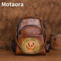 motaora retro cowhide handmade women backpack genuine leather woman shoulder bag 2022 natural real embossing travel luxury bags