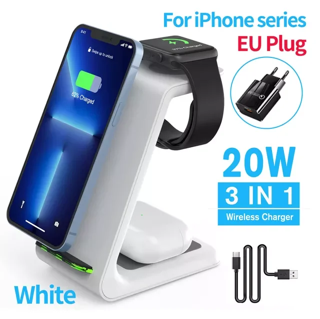 New Arrival 20W Wireless Charging Stand 3 in 1 Wireless Chargers Dock for Apple Watch 6 SE 5 4 3 2, Airpods 2/Pro, iPhone 13/13