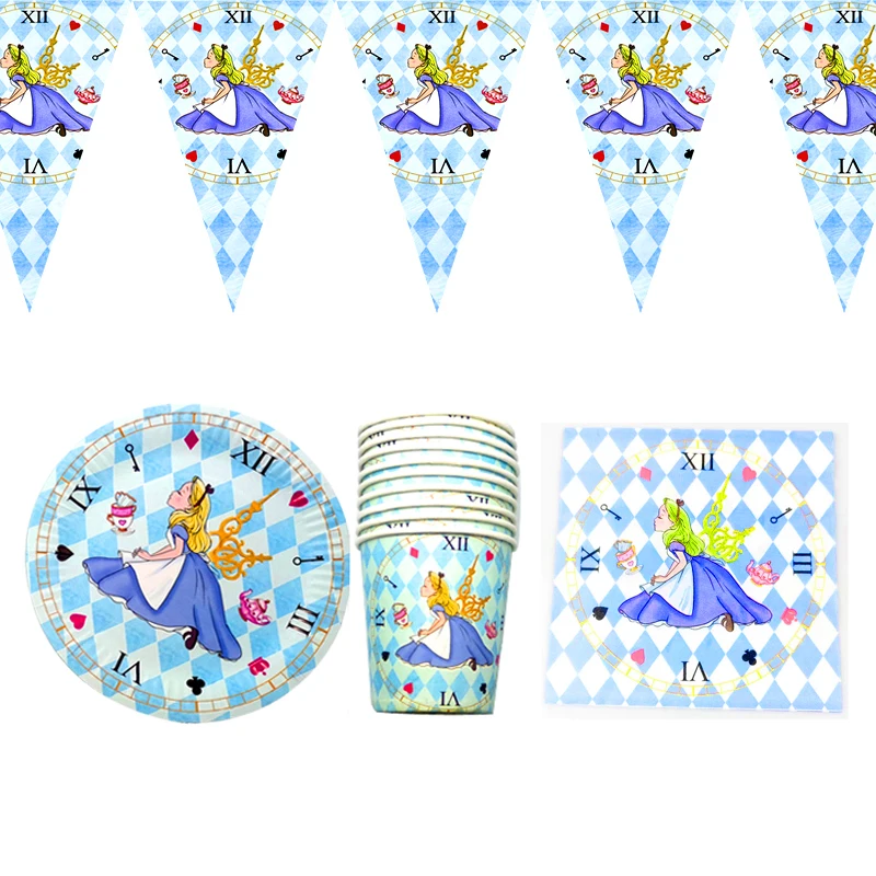 

80pcs/lot Alice In Wonderland Theme Girls Favors Napkins Birthday Party Decorate Banner Tableware Set Baby Shower Cups Plates