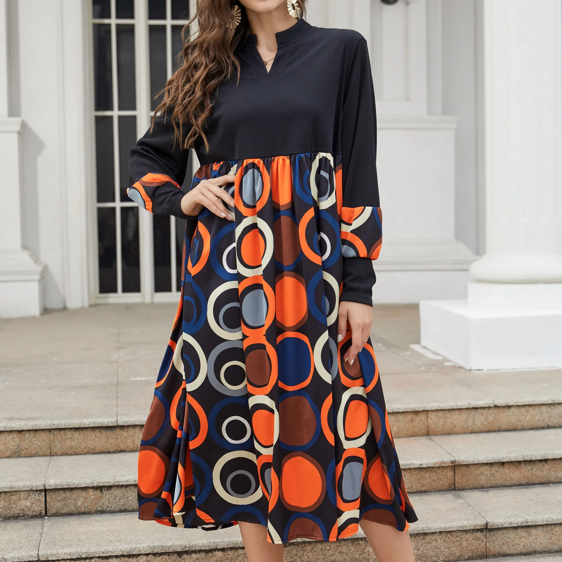 

2022 Spring Satin Printed V-neck Loose Full Patchwork Knitted Pocket Mid-Calf A-LINE Casual Dresses for Women