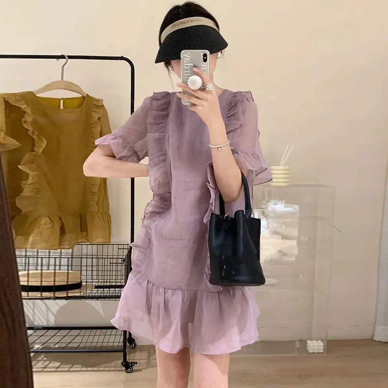 

Clothland Women Sweet Ruffled Mini Vestido Short Sleeve O Neck Straight Cute One Piece Summer Chic Vestidos DA324