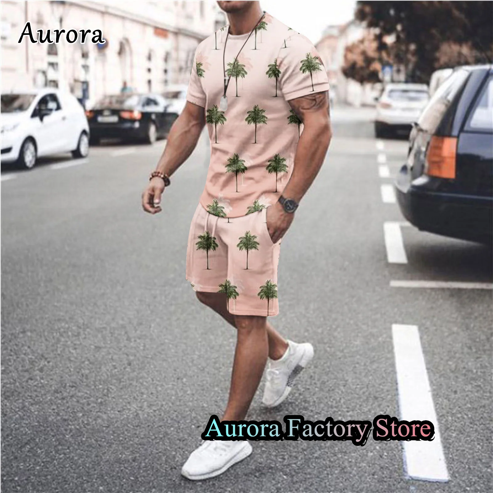 Men Summer Casual T-Shirt Shorts Set 3D Coconut Print Tracksuit Fashion Suit Hawaiian Style Outfit Male Oversized Clothing