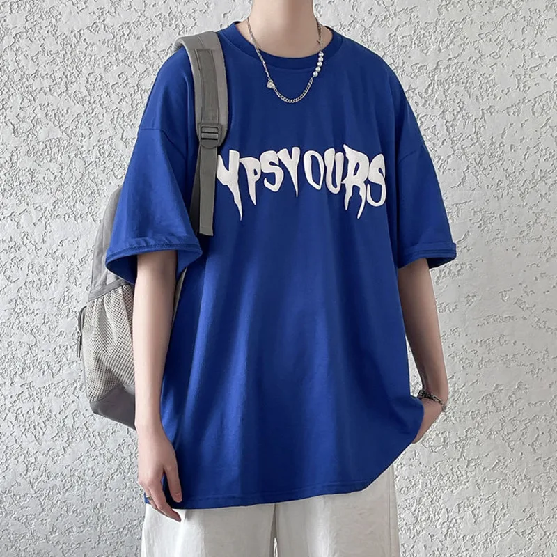 

NoEstaMal Half Sleeve Men T Shirt Harajuku Letter Print Blue Male Tshirts 2022 Summer Streetwear Casual Loose T Shirt O Neck Top