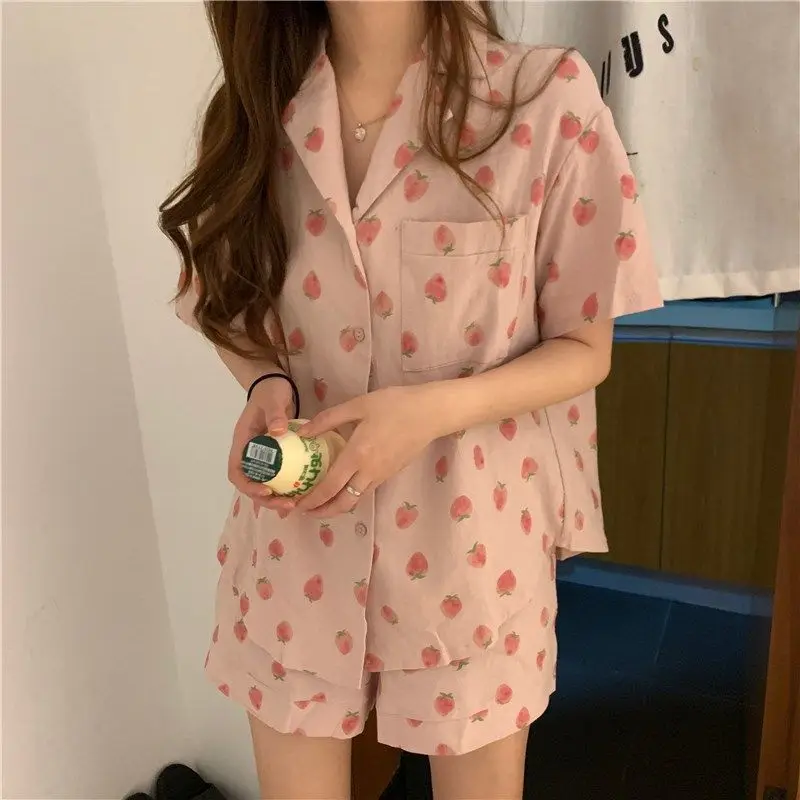 Sleepwear for Women Summer Silk Pajamas Sets Girls Korean Sweet Print Pijamas Plus Size Home Suit Japanese Loose Lapel Pyjamas