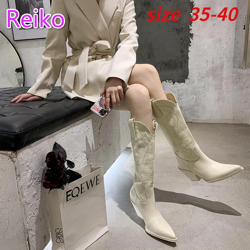 

White Cowboy Boots 2021 Autumn and Winter Long But Knee Western Boots Plus Size Embroidered Vintage Roman Western Cowboy Boots