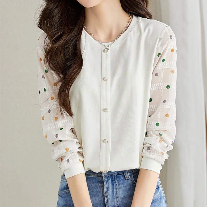 Женская Офисная однобортная блузка офисная с круглым вырезом и волнистым