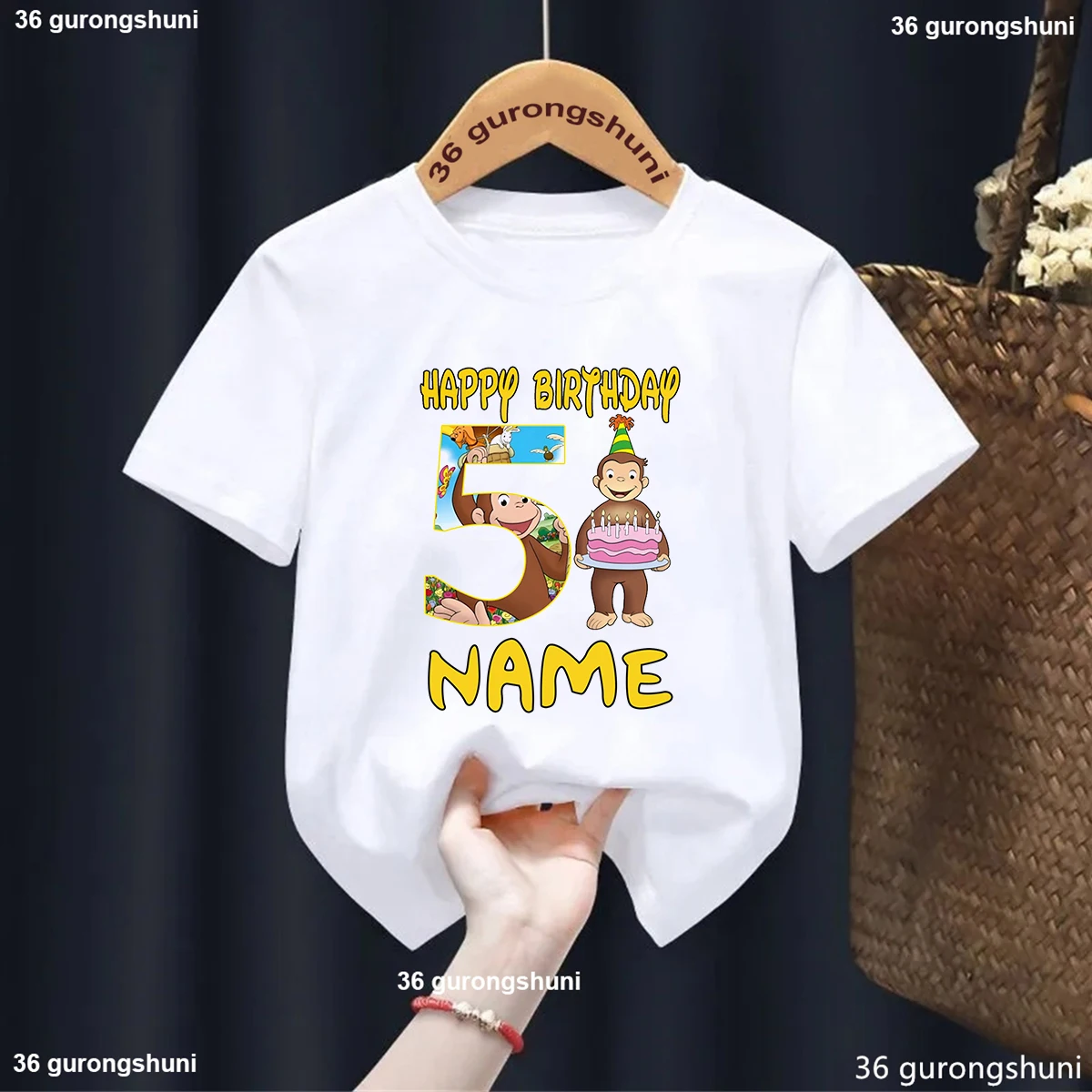 Фото Curious George Cute Monkey Print Одежда для мальчиков с героями мультфильмов 1, 2, 3, 4, 5, 6, 7, 8 9 лет Детская футболка с номером на день рождения Футболки для маленьких девочек №4