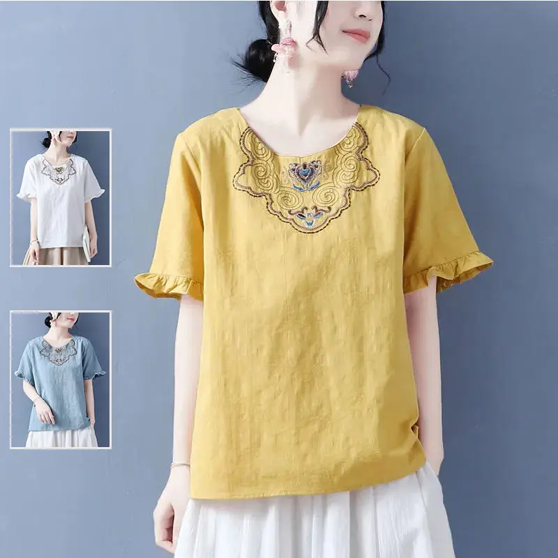 

Female Clothing Embroidered Cotton Linen T-shirt for Women's Summer Round Neck Loose Casual Short Sleeve Fashion Vintage Tops