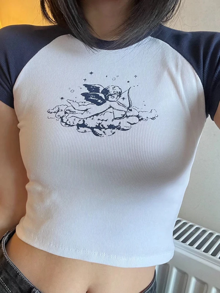 

Cartoon Print Ribbed T-Shirts Women Sweet Cute Patchwork 2023 Short Sleeve Cotton Slim T Shirt Summer Streetwear Y2k Crop Top