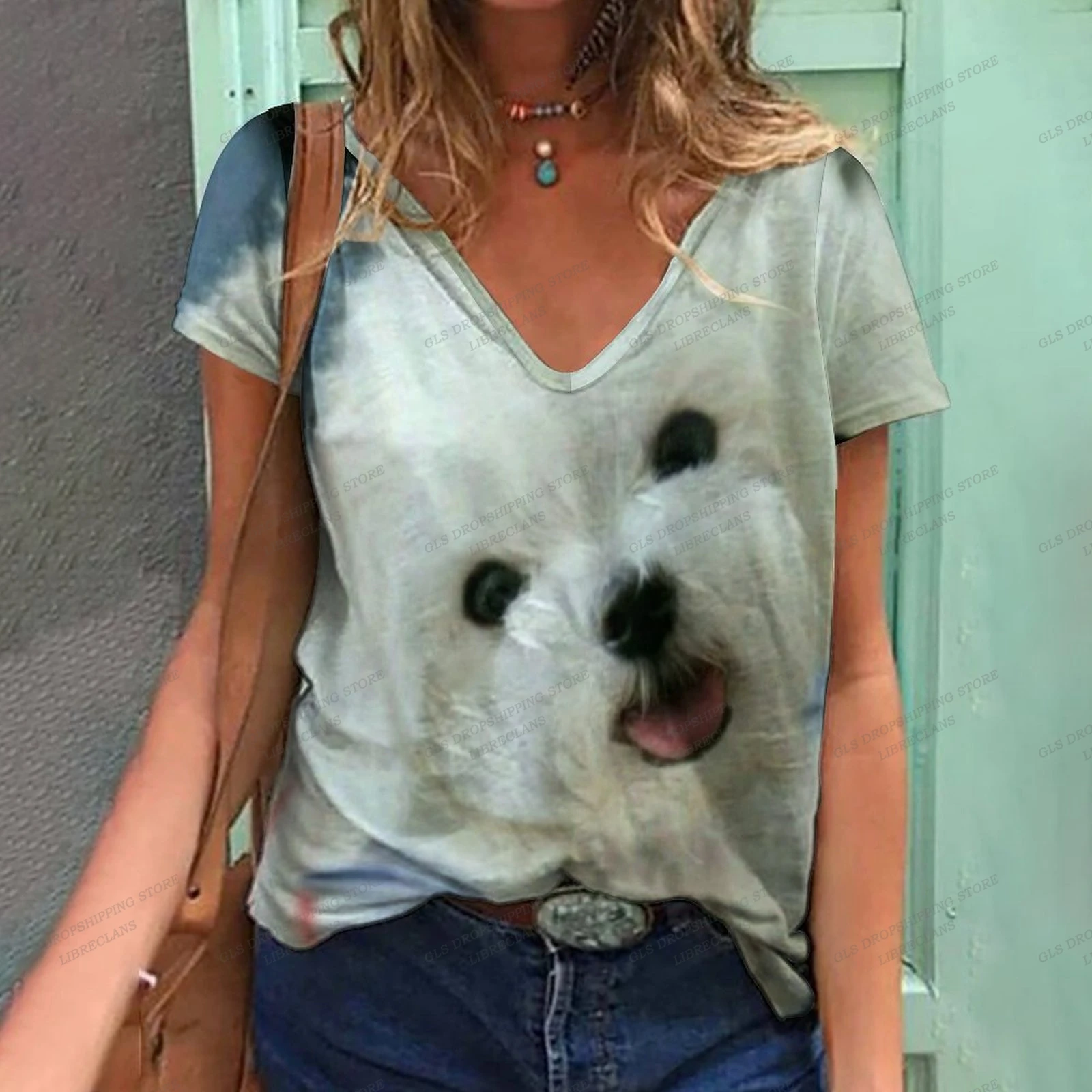 

Футболка женская с 3D-принтом собаки, модный топ с коротким рукавом, оверсайз, повседневная Милая рубашка с V-образным вырезом, на лето