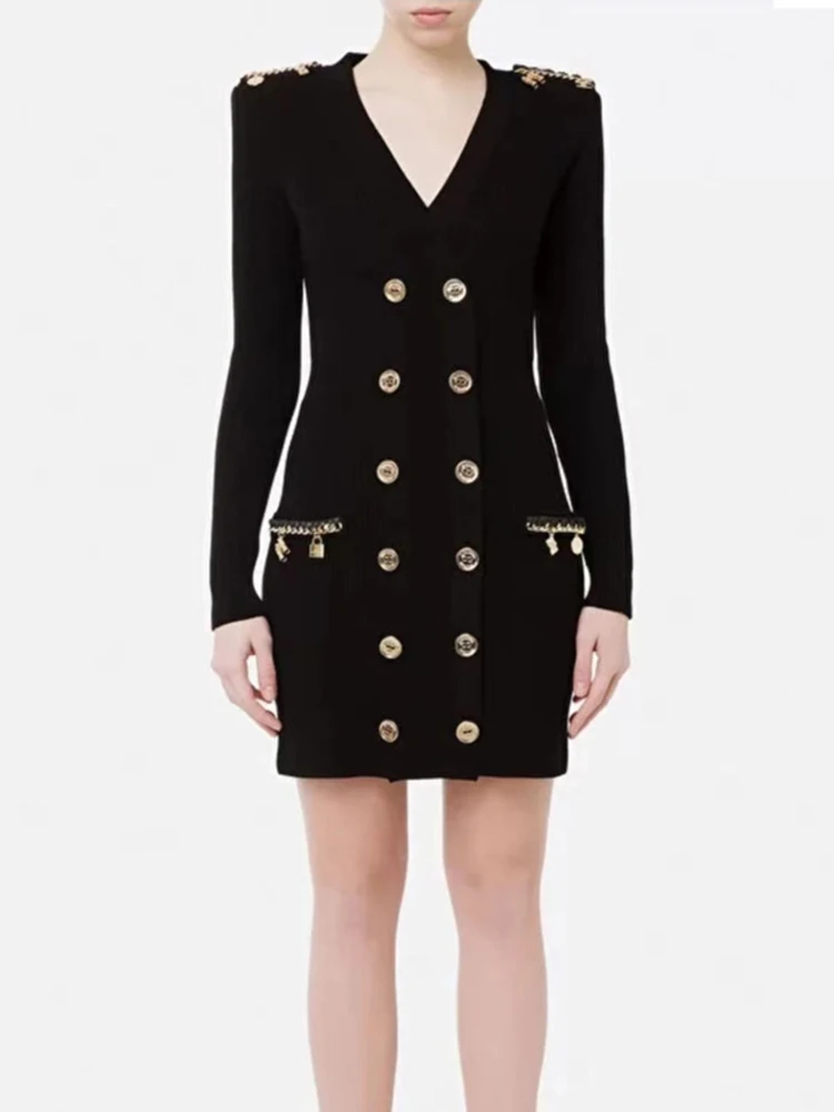 

HIGH STREET Newest Fashion 2022 Runway Designer Women's Chain Metal Buckle Shoulder Knit Dress