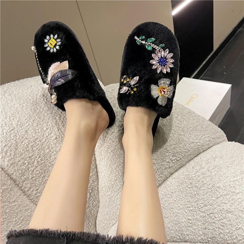 Женские теплые Нескользящие шлепанцы плоская подошва Короткие Плюшевые с