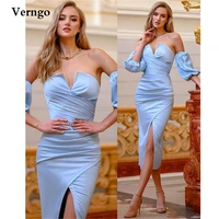 verngo light blue satin evening dresses strapless puff sleeves side slit tea length prom gowns party dress robe de soiree