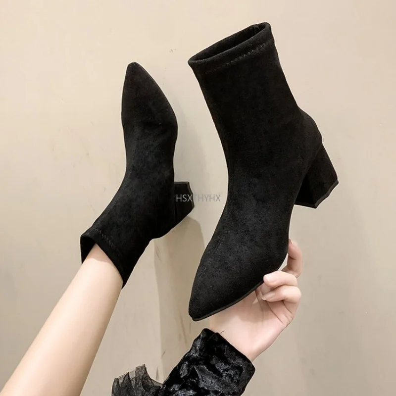 

Женские замшевые ботинки, удобные черные ботинки с острым носком, эластичные, на весну и осень, 2023