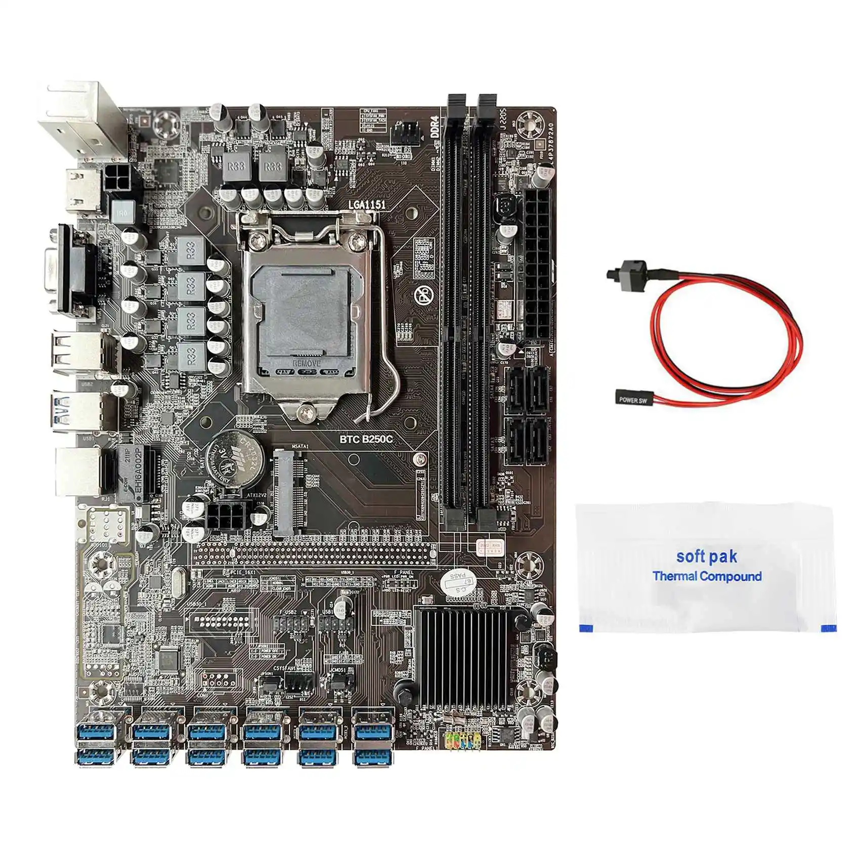 

B250C BTC Mining Motherboard+Thermal Grease+Switch Cable 12XPCIE to USB3.0 GPU Slot LGA1151 DDR4 MSATA for ETH Miner